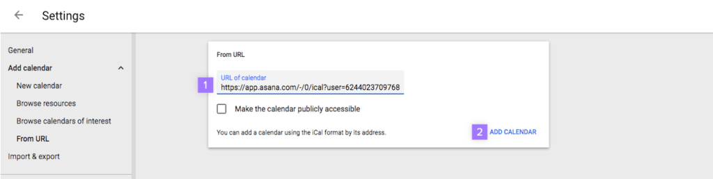 Paste the API link in Google Calendar
